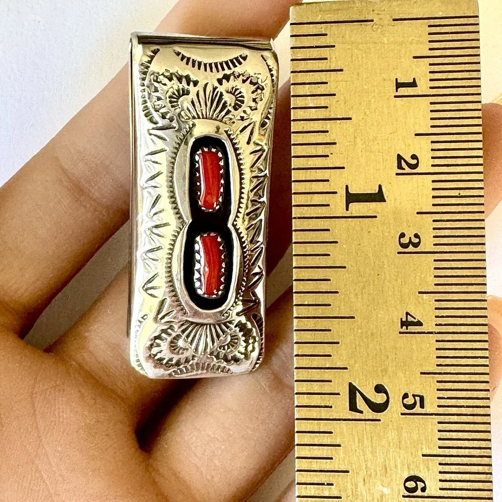 Navajo Red Coral Money Clip Handmade Skeets Shadowbox Stamped Native American